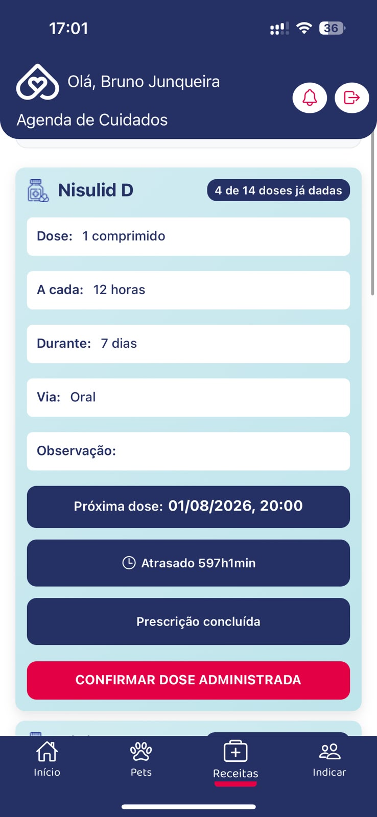Lembrete de dose de remédio no app Clube Susi