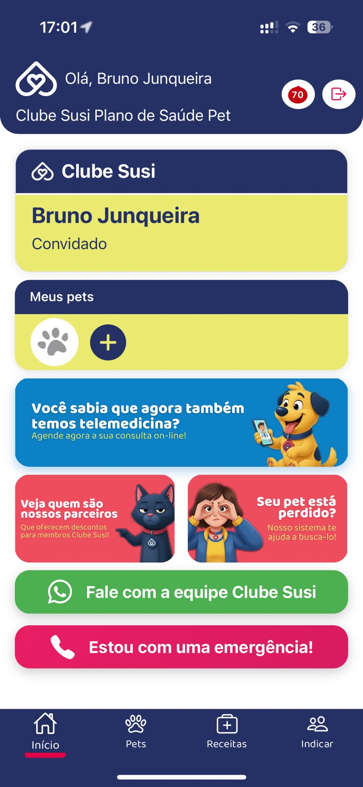 Tela inicial do app Clube Susi com os pets do tutor